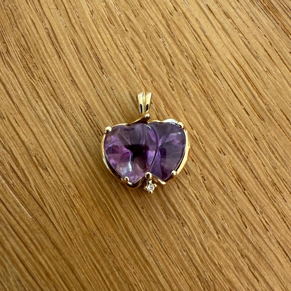 Amethyst Double Heart Pendant 14K with small diamond 💟 - Picture 7 of 8